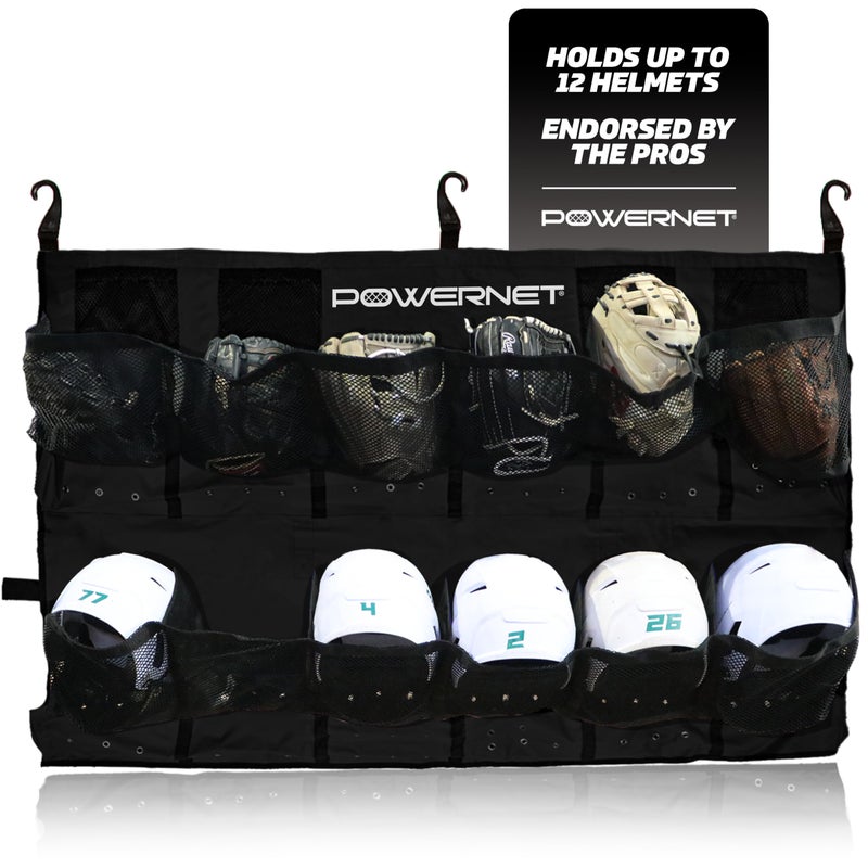 PowerNet Softball & Baseball Helmet Hanging Organizer, 12 Pocket Glove & Helmet Storage Holder & Dugout Organizer, Portable Baseball Gear Training Equipment Holder (Black) - Image 1